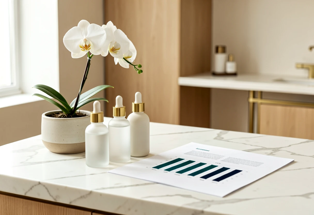 A white orchid and unlabeled skincare bottles on a marble med spa counter beside a printed report with bar charts
