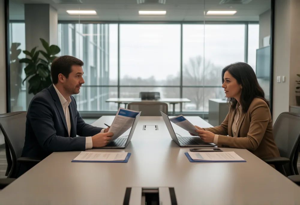 An agency account manager and a client reviewing an AEO audit report together across a meeting table