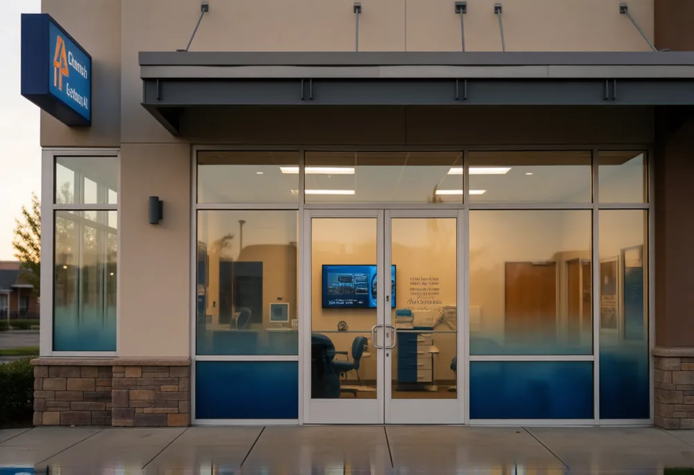 The storefront of one clinic location of a multi-location aesthetics brand, lit up at dusk