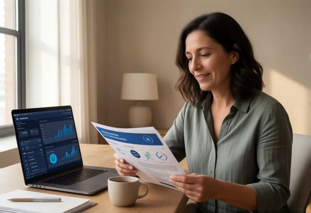 A med spa owner at her desk reading a printed AI search visibility report, with charts open on her laptop