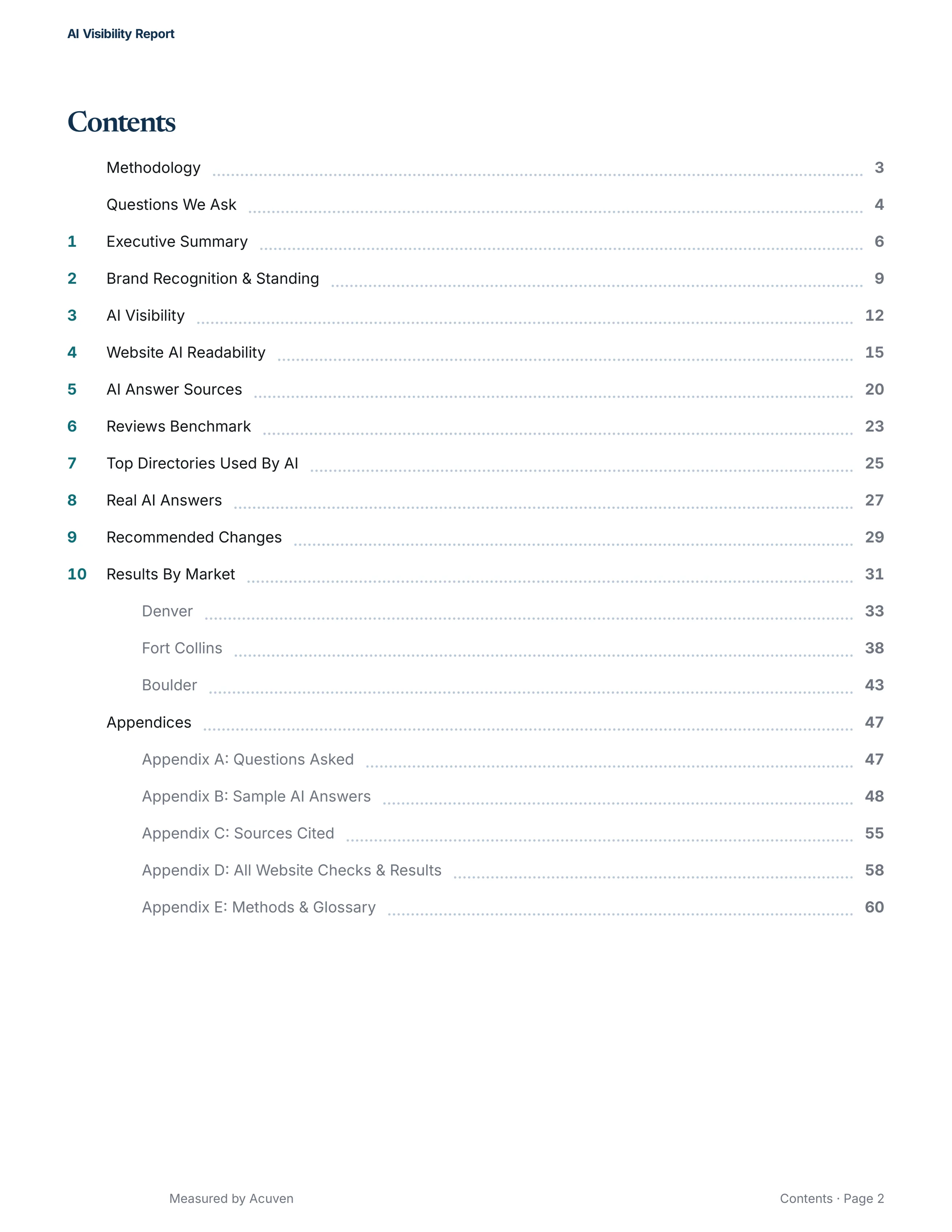 The report's table of contents, a numbered ten-section report with five appendices, showing the depth of the analysis.