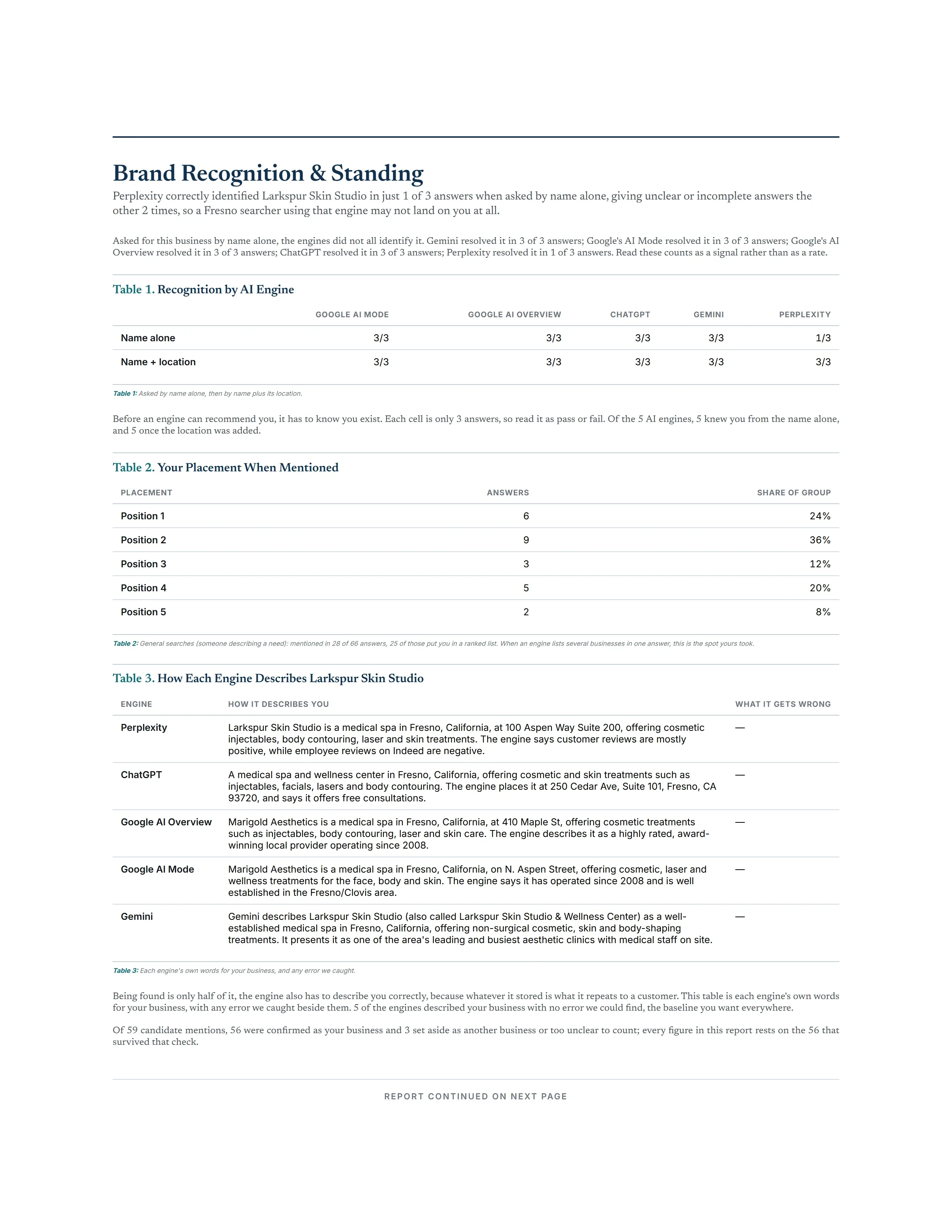 Tables of whether each AI Search Engine can recognize the business by name and by name-plus-location, and how each one describes it.